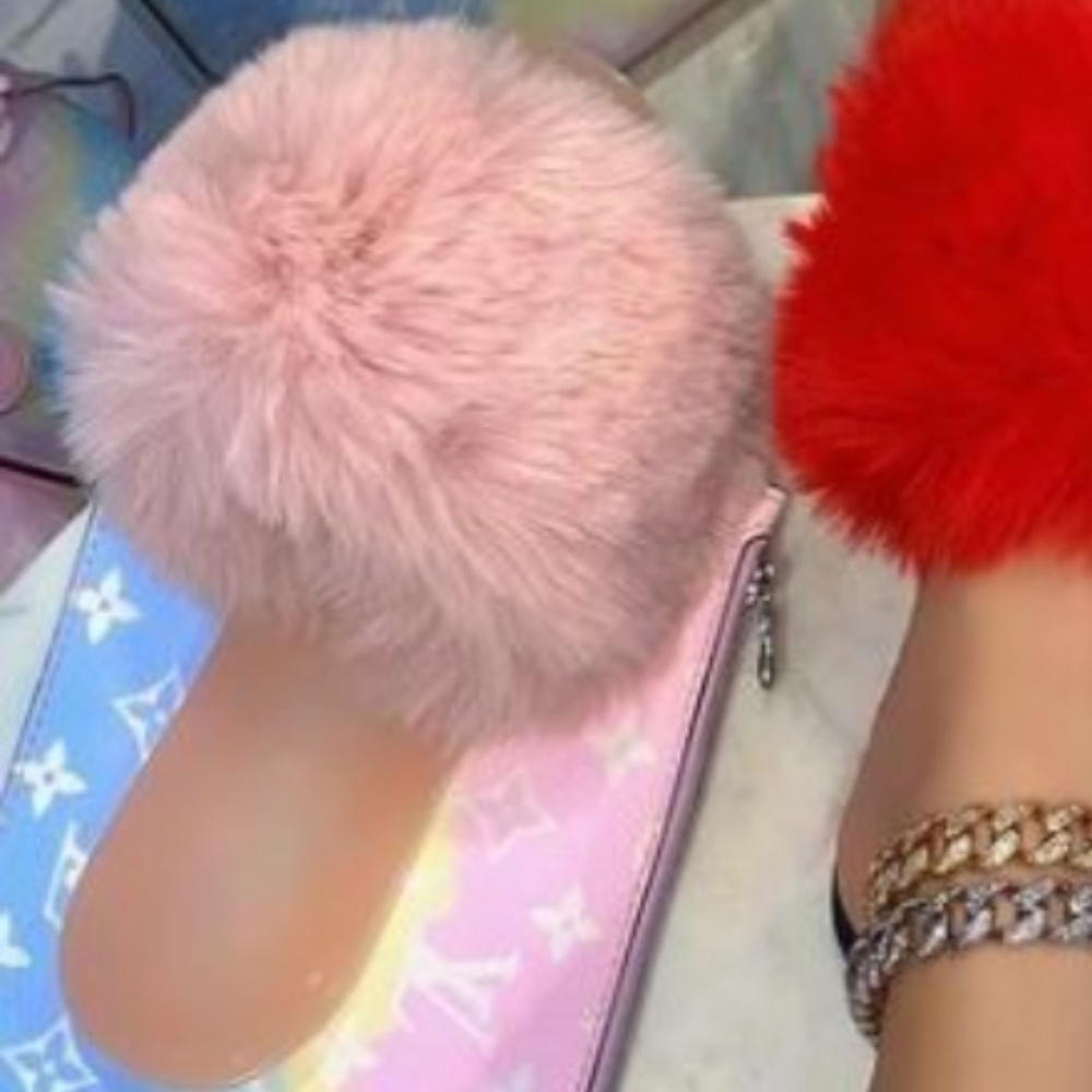 Baby pink fuzzy slides